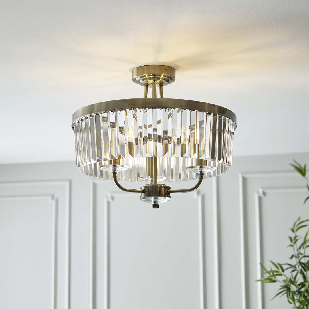 Elean 3 Light  Antique Brass Glass Semi Flush Ceiling Light