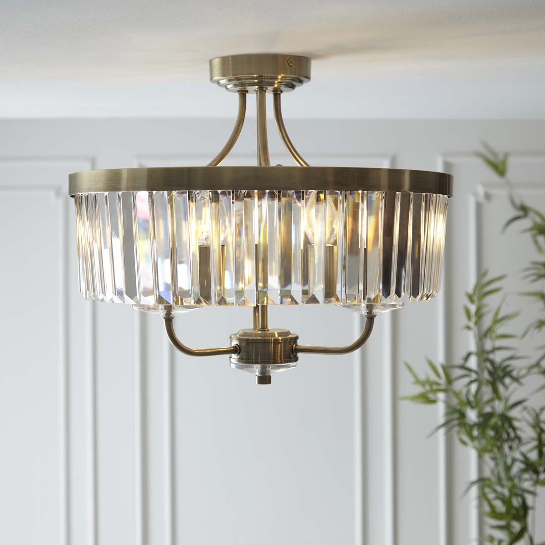 Elean 3 Light  Antique Brass Glass Semi Flush Ceiling Light