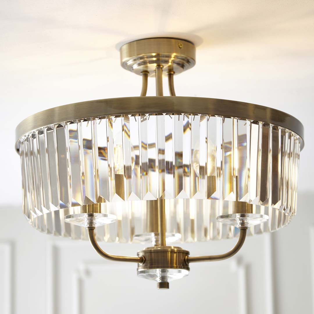 Elean 3 Light  Antique Brass Glass Semi Flush Ceiling Light