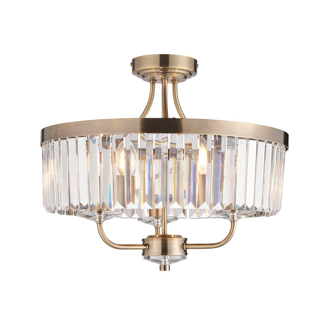 Elean 3 Light  Antique Brass Glass Semi Flush Ceiling Light