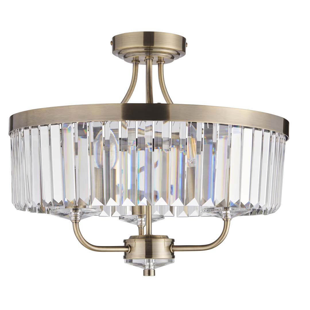 Elean 3 Light  Antique Brass Glass Semi Flush Ceiling Light