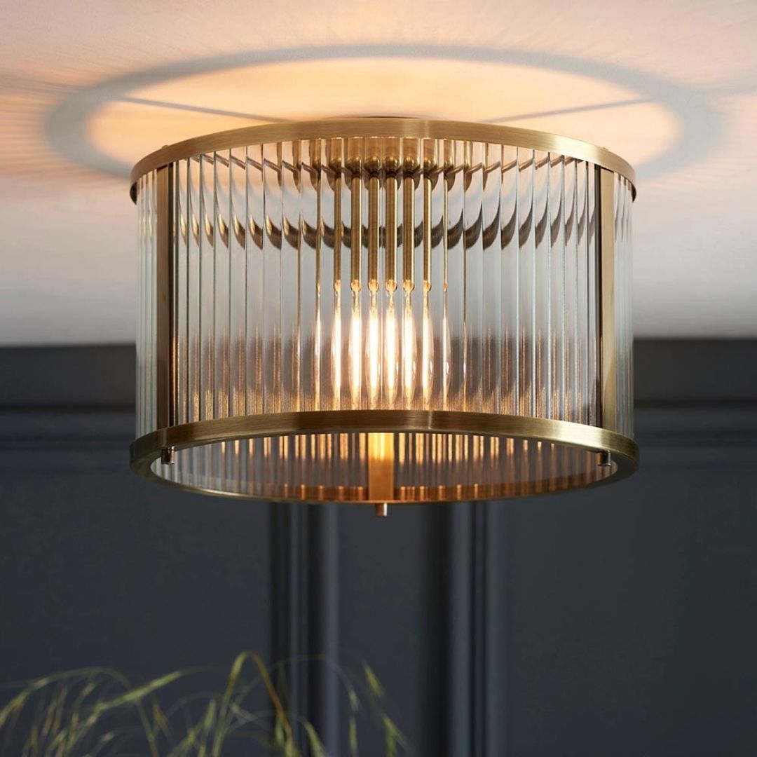 Ridgeton Antique Brass & Glass Flush Ceiling Light