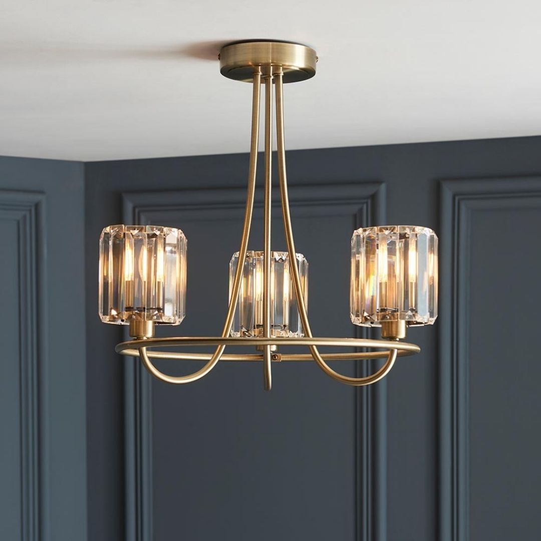 Berenice 3 Light Semi Flush Antique Brass Ceiling Light