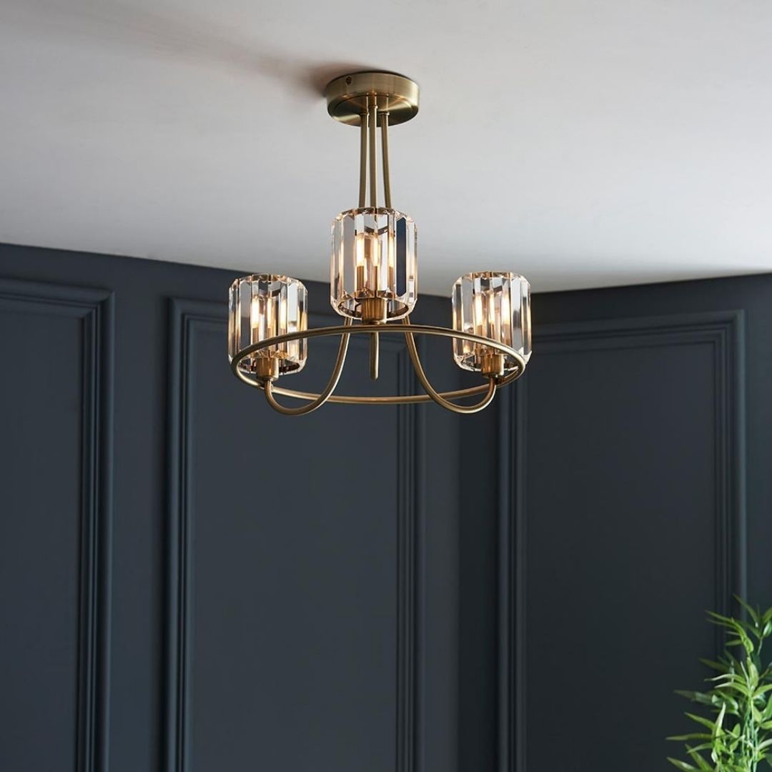 Berenice 3 Light Semi Flush Antique Brass Ceiling Light