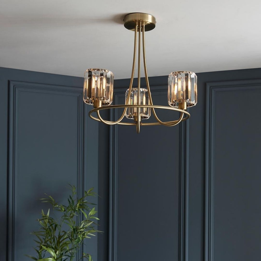 Berenice 3 Light Semi Flush Antique Brass Ceiling Light