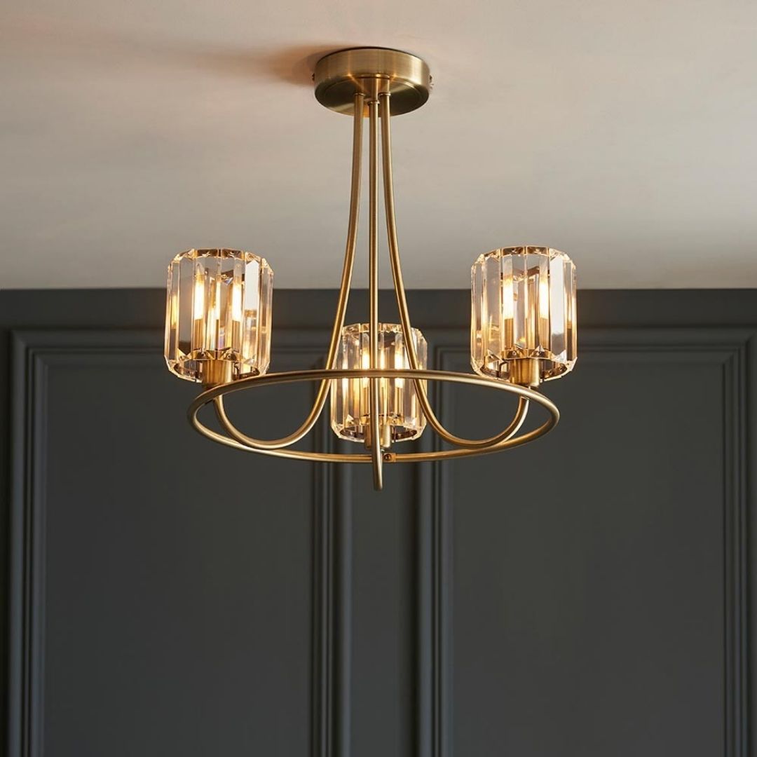 Berenice 3 Light Semi Flush Antique Brass Ceiling Light