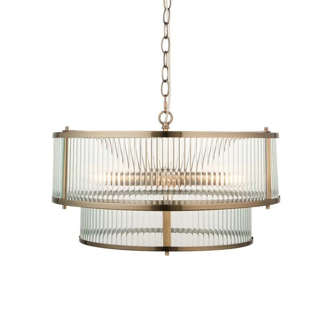 Ridgeston 5 Light Antique Brass & Glass Pendant Ceiling Light