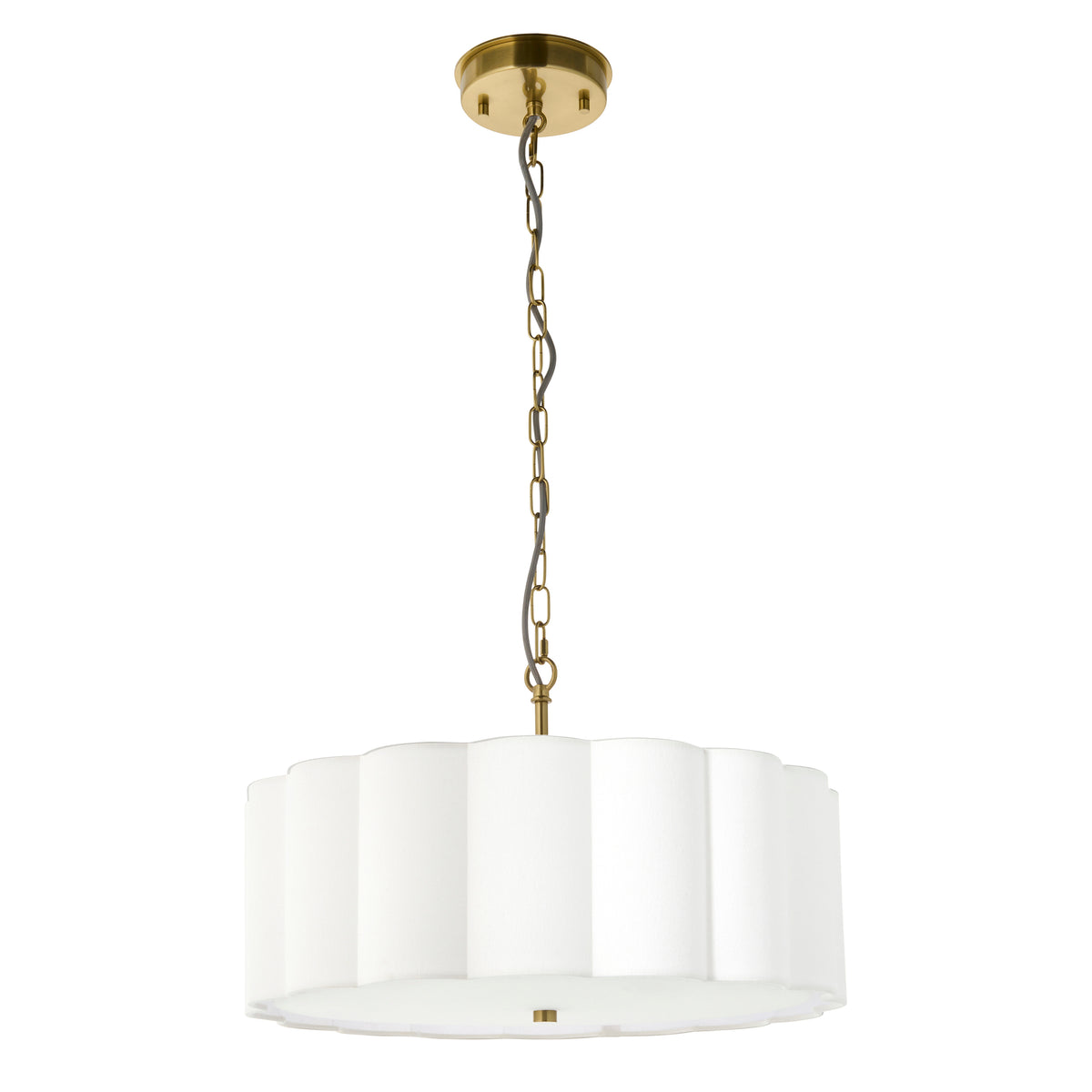 Serene 3 Light Aged Brass & White Cotton Pendant Ceiling Light