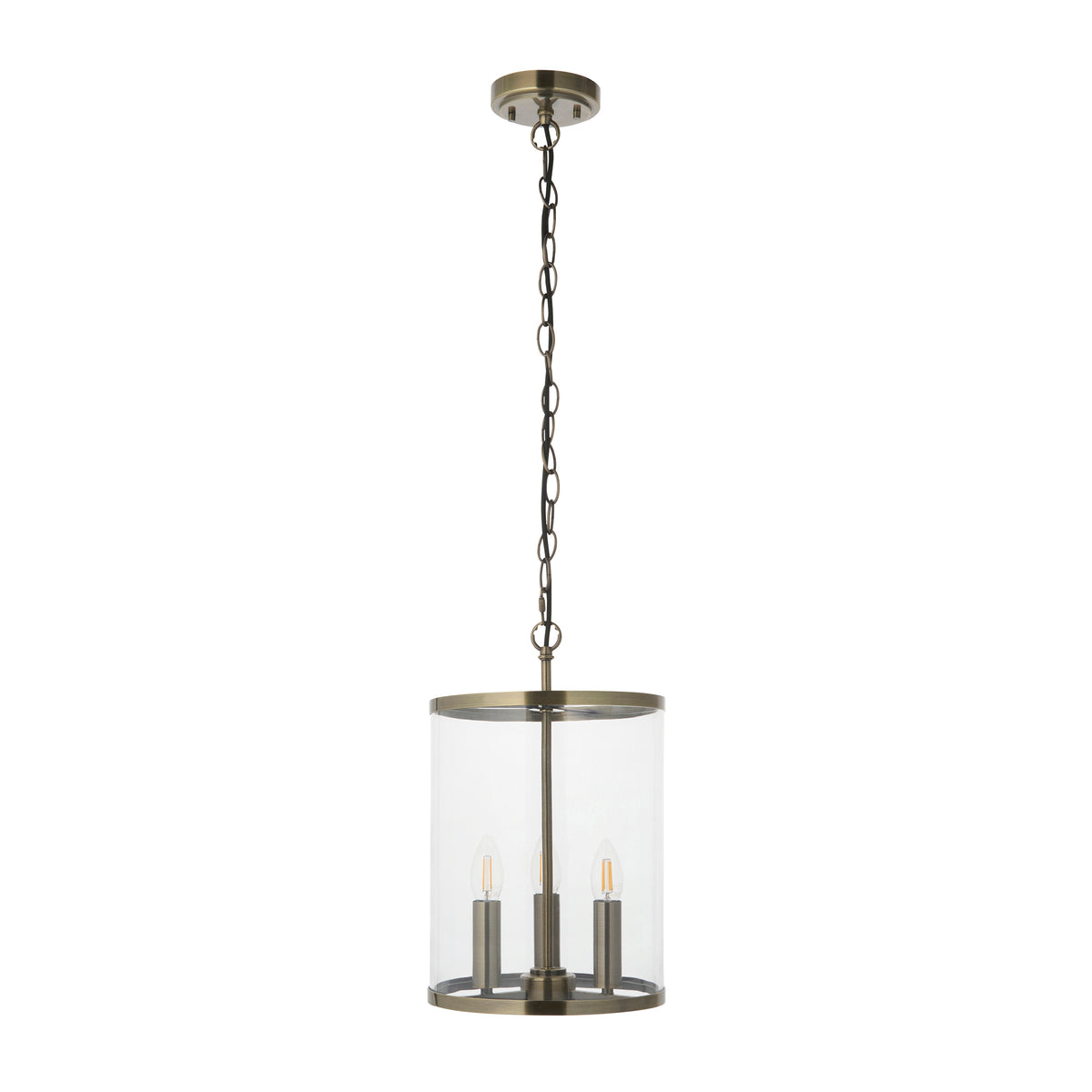 Hebden 3 Light Antique Brass & Clear Glass Pendant Ceiling Light