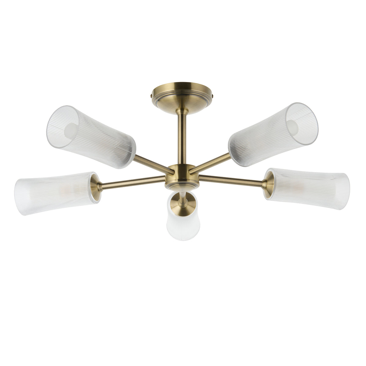 Avelyn 5 Light Antique Brass & Ribbed Glass Semi-Flush Ceiling Light
