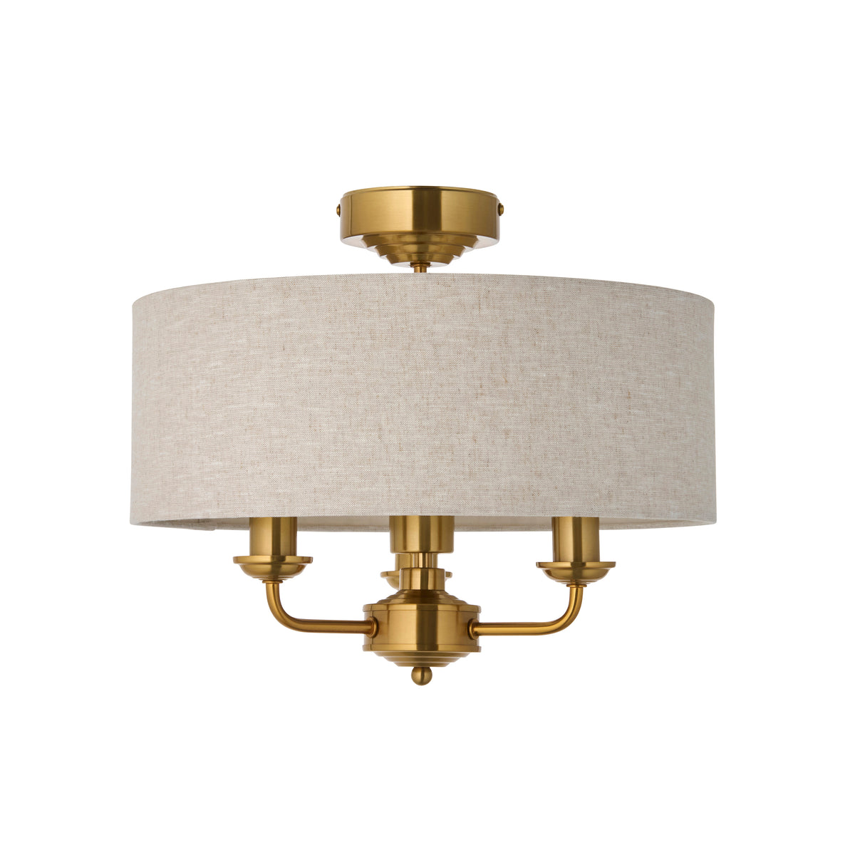 Highclere 3 Light Vintage Brass & Linen Flush Ceiling Light