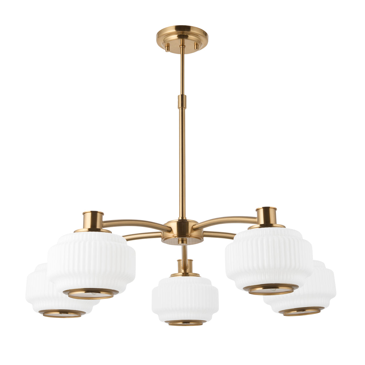 Evora 5 Light Aged Brass & Opal Ribbed Glass Pendant Ceiling Light