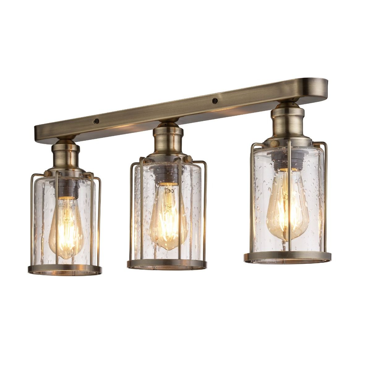 Pipes 3 Light Antique Brass Semi Flush Ceiling Light with Bubbled Glass Shades
