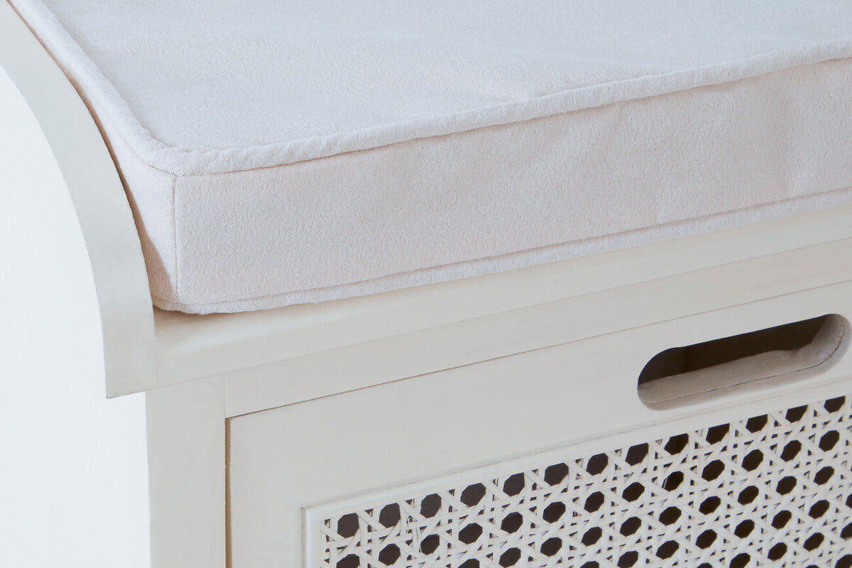Heritage Wooden and Rattan 3 Drawer Storage Bench with Grey Cushion