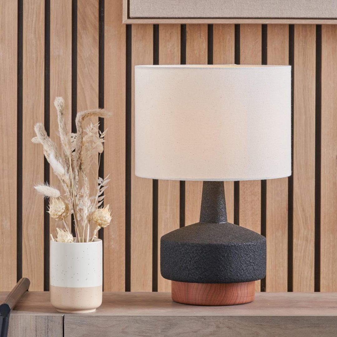 Elio Black & Wood Ceramic Table Lamp with White Shade
