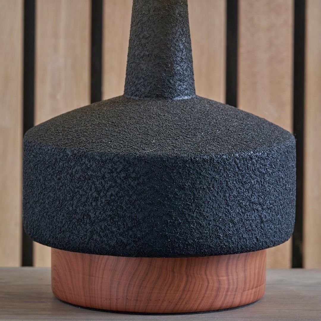 Elio Black & Wood Ceramic Table Lamp with White Shade