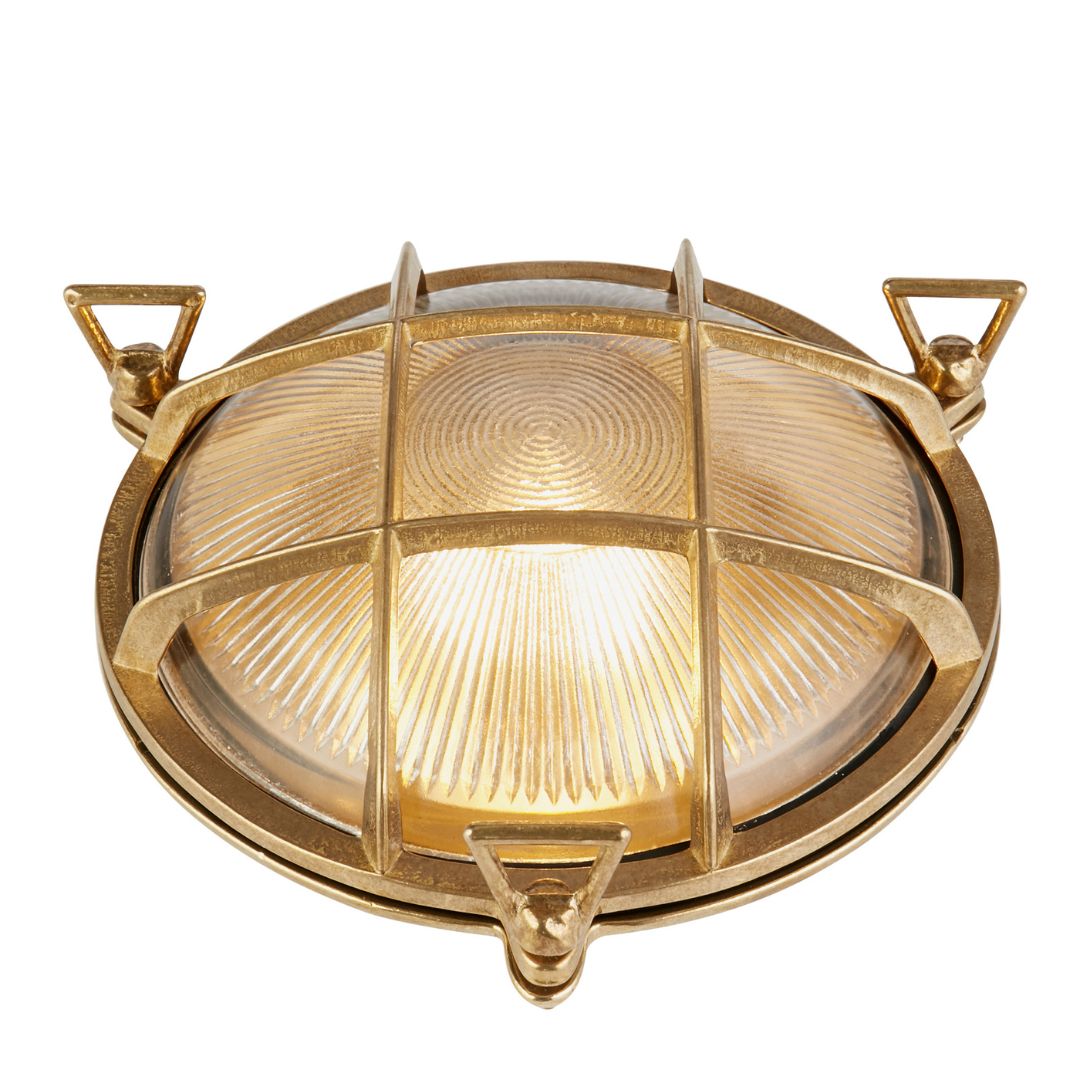 Bulkhead Solid Brass and Ribbed Glass Round IP64 Outdoor Light