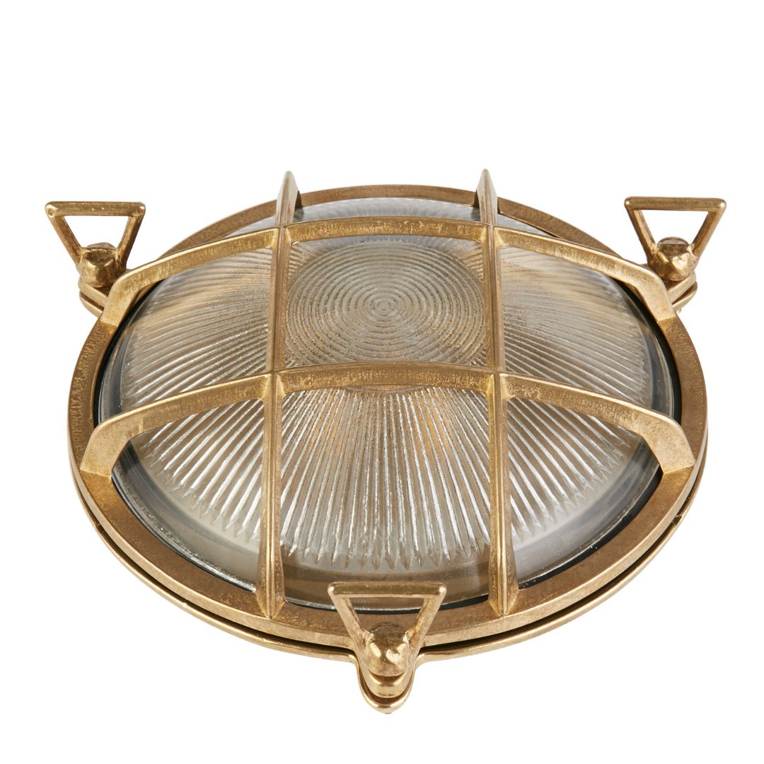 Bulkhead Solid Brass and Ribbed Glass Round IP64 Outdoor Light