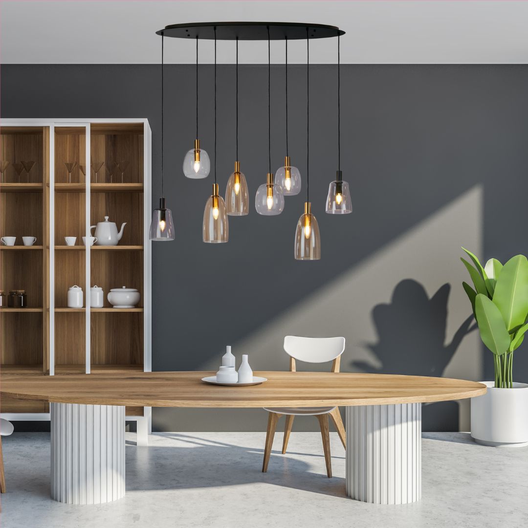 Divine 8 Light Black Metal & Glass Cluster Ceiling Pendant Bar