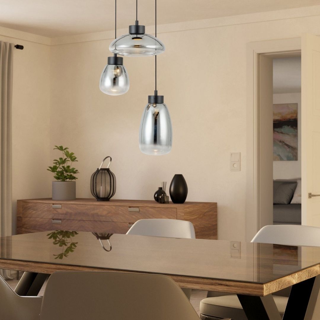Sarnarra 3 Light Black & Smoked Glass LED Pendant Ceiling Light