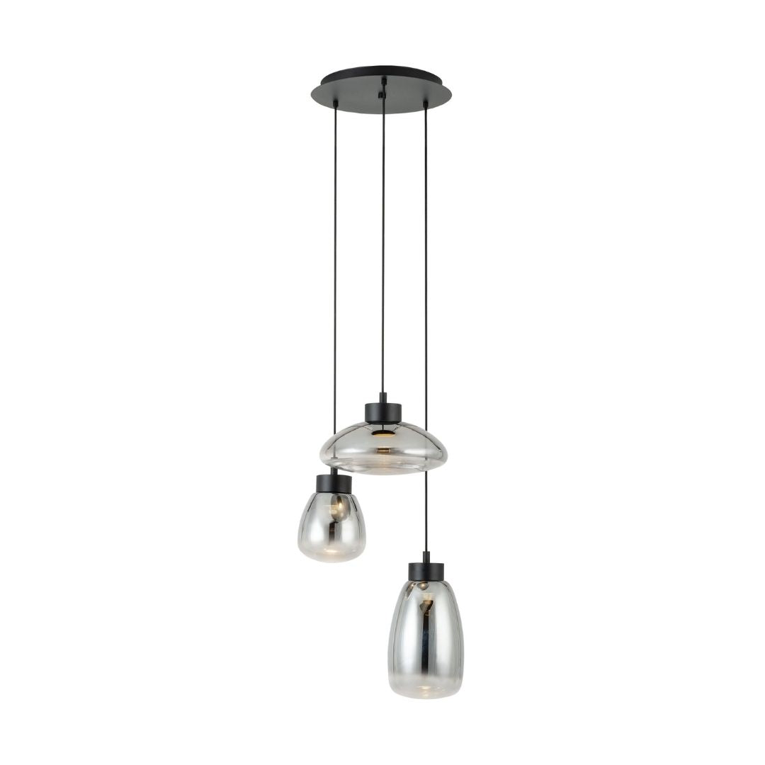 Sarnarra 3 Light Black & Smoked Glass LED Pendant Ceiling Light