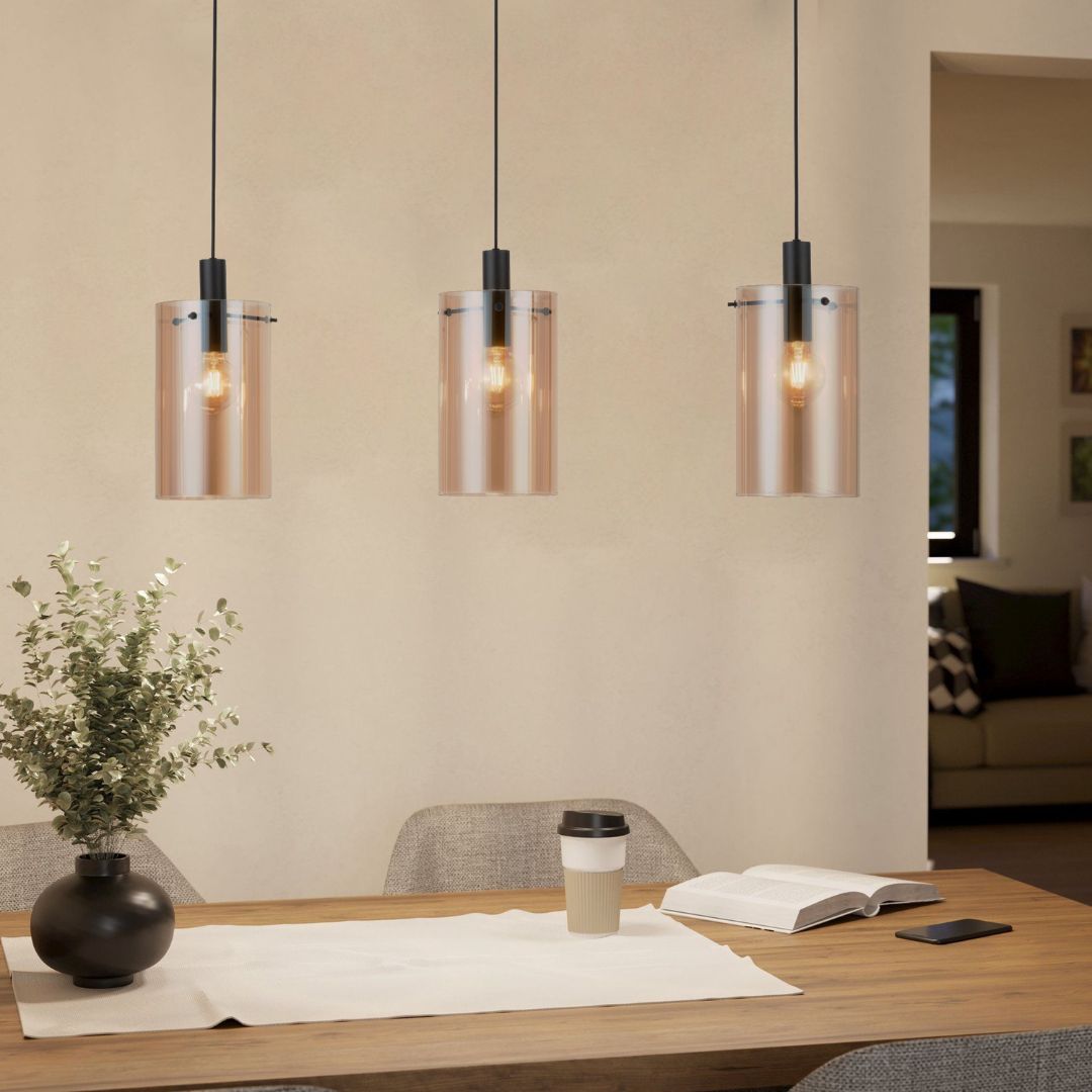 Polverara 3 Light Black & Amber Glass Ceiling Pendant Bar