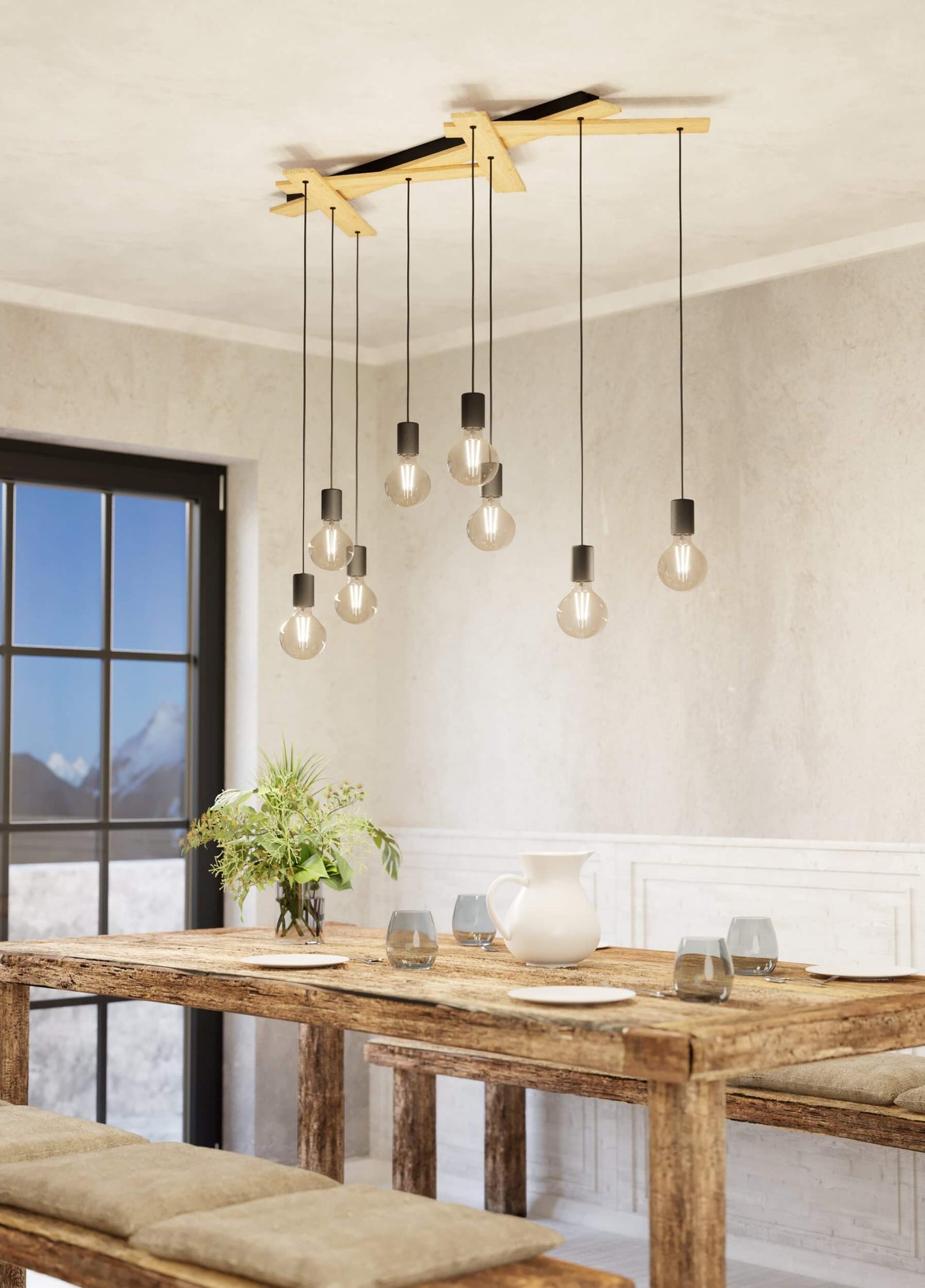 Monmount Multi-Light Black Pendant Bar with Wooden Rods