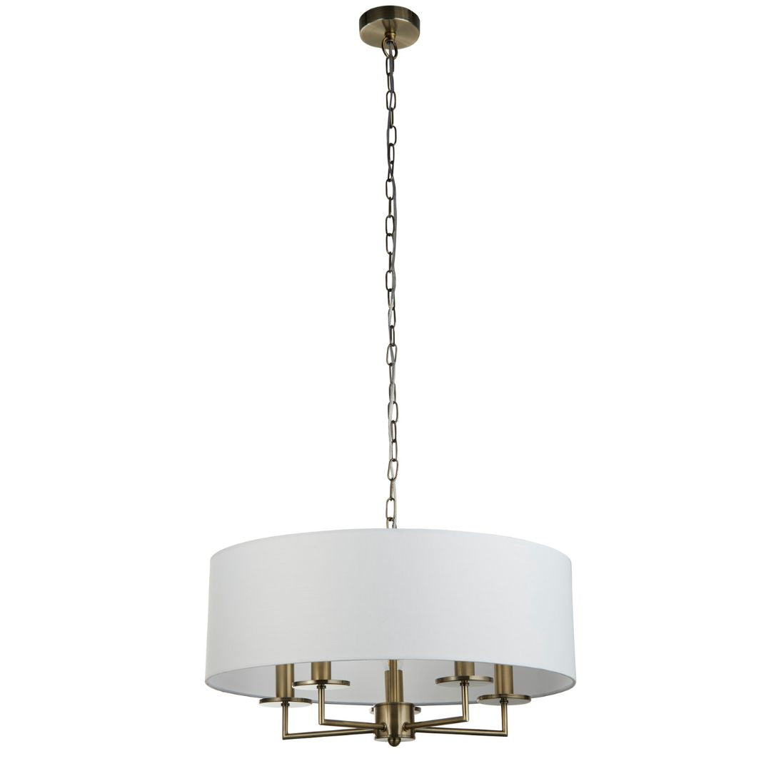 Knightsbridge 5 Light Antique Brass & White Pendant Ceiling Light