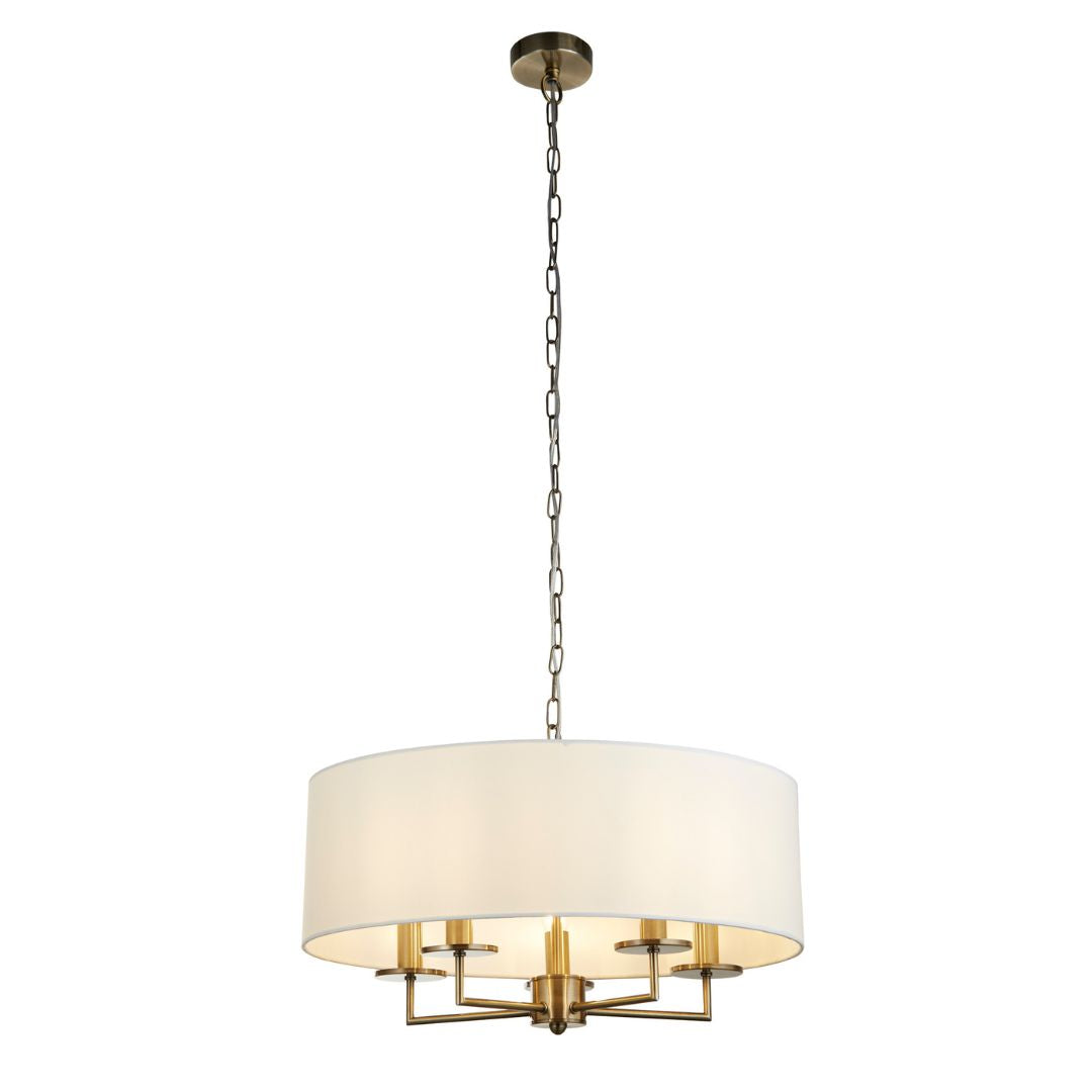 Knightsbridge 5 Light Antique Brass & White Pendant Ceiling Light