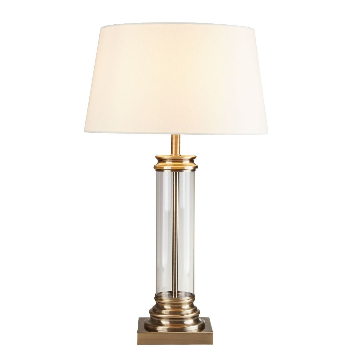 Pedestal Antique Brass & Glass Table Lamp with Cream Shade