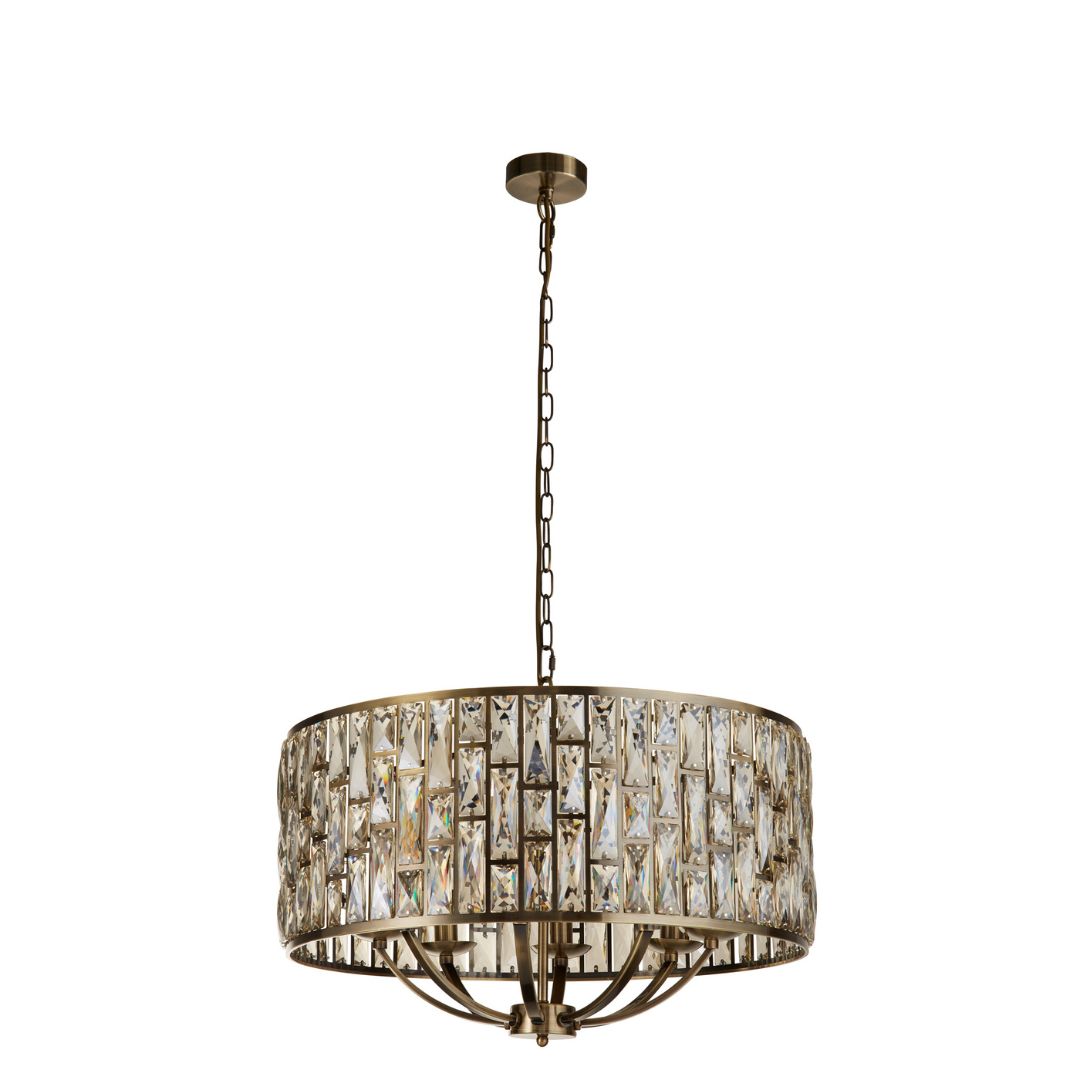 Bijou 8 Light Antique Brass and Glass Pendant Ceiling Light