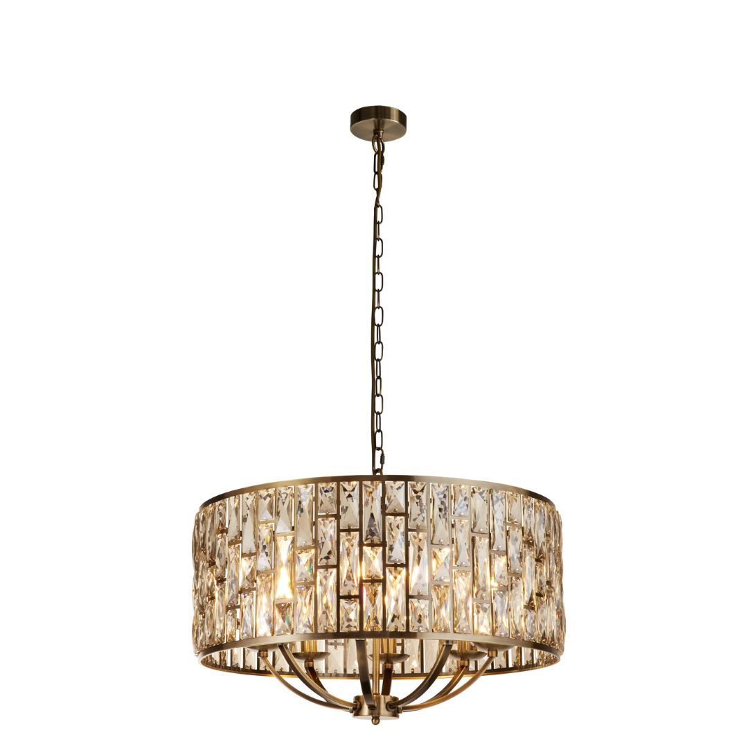Bijou 8 Light Antique Brass and Glass Pendant Ceiling Light