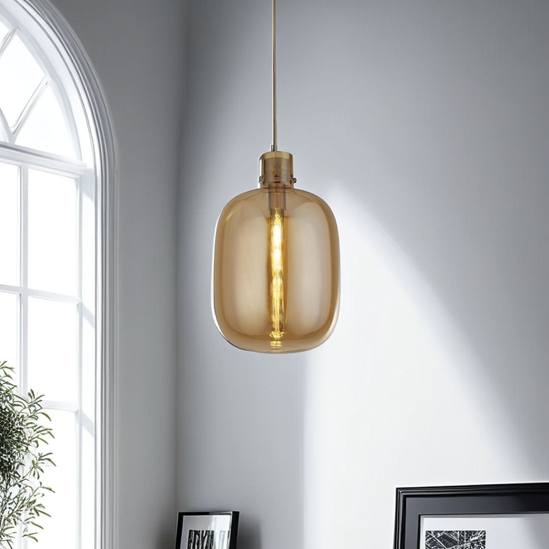 Barrel Brass and Amber Glass Pendant Ceiling Light