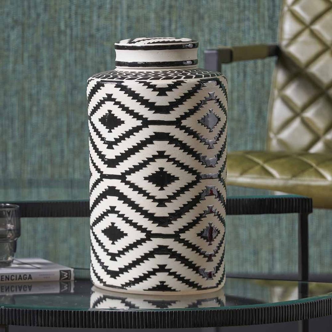 Chirala Black & White Aztec Ceramic Jar