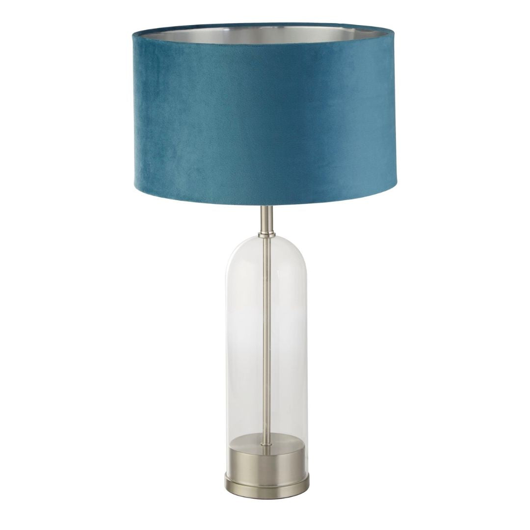 Oxford Nickel & Glass Table Lamp with Teal Velvet Shade