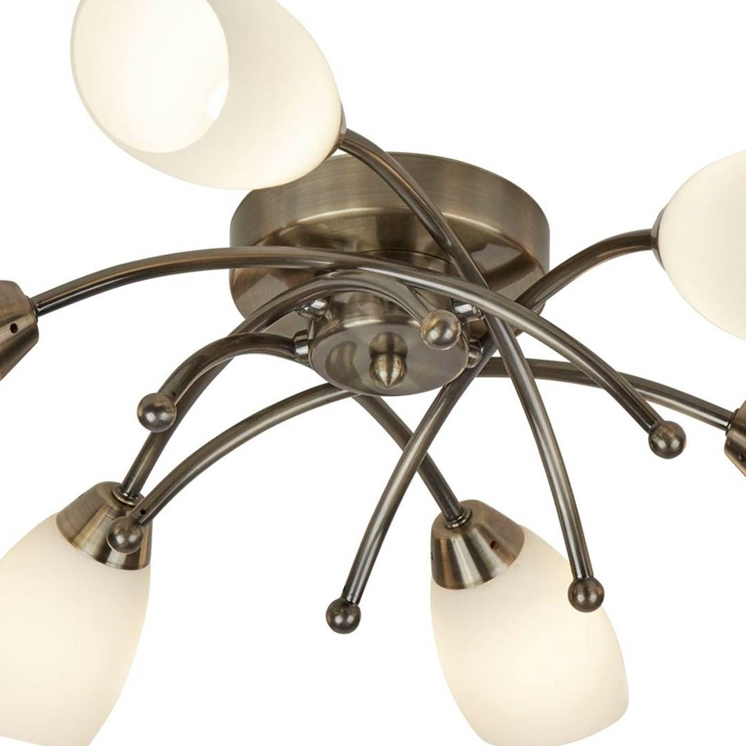 Opera 6 Light Antique Brass & Opal Glass Flush Ceiling Light