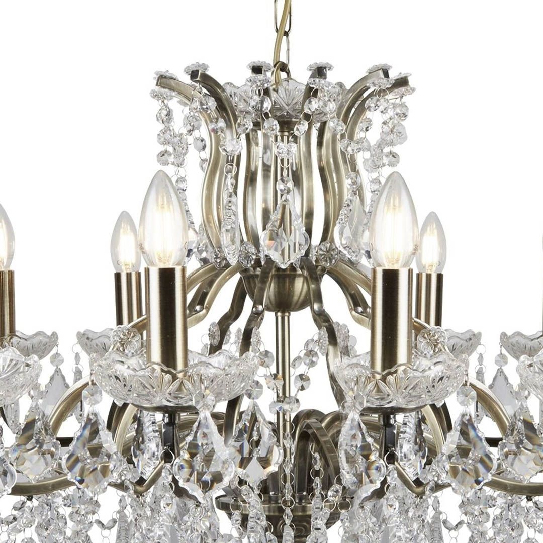 Paris 12 Light Antique Brass & Crystal Chandelier Ceiling Light