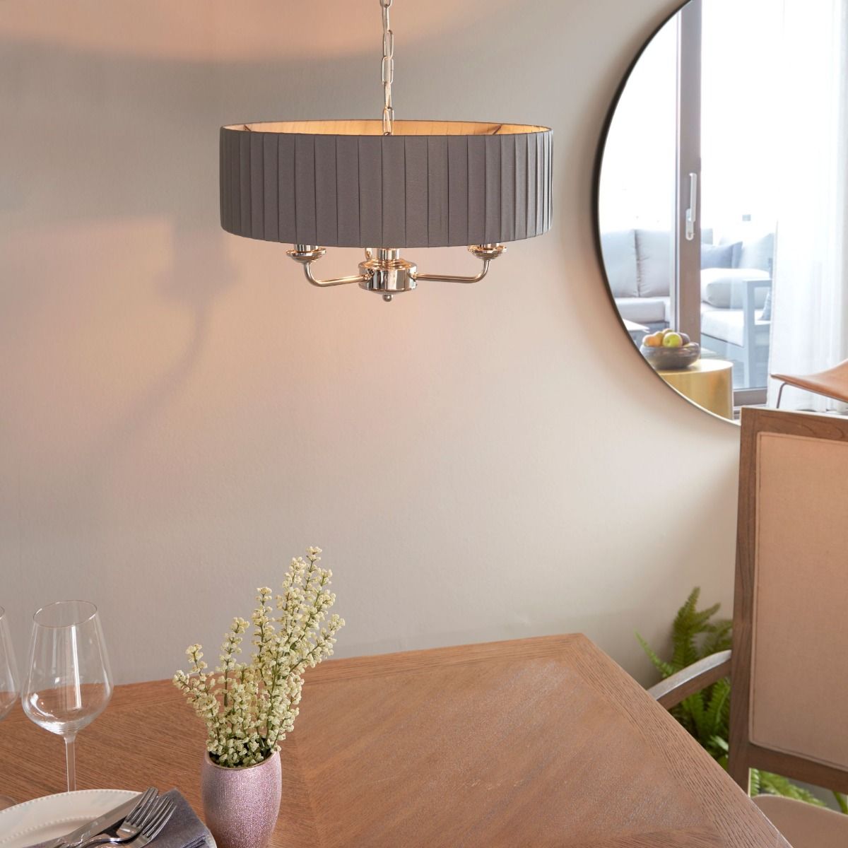 Highclere 3 Light Nickel & Charcoal Pleated Ceiling Pendant