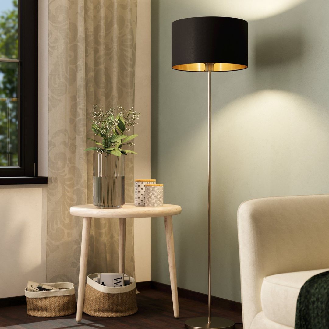 Maserlo Satin Nickel Floor Lamp with Black Shade