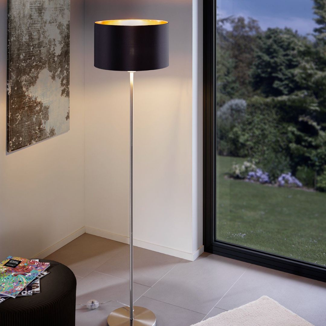 Maserlo Satin Nickel Floor Lamp with Black Shade
