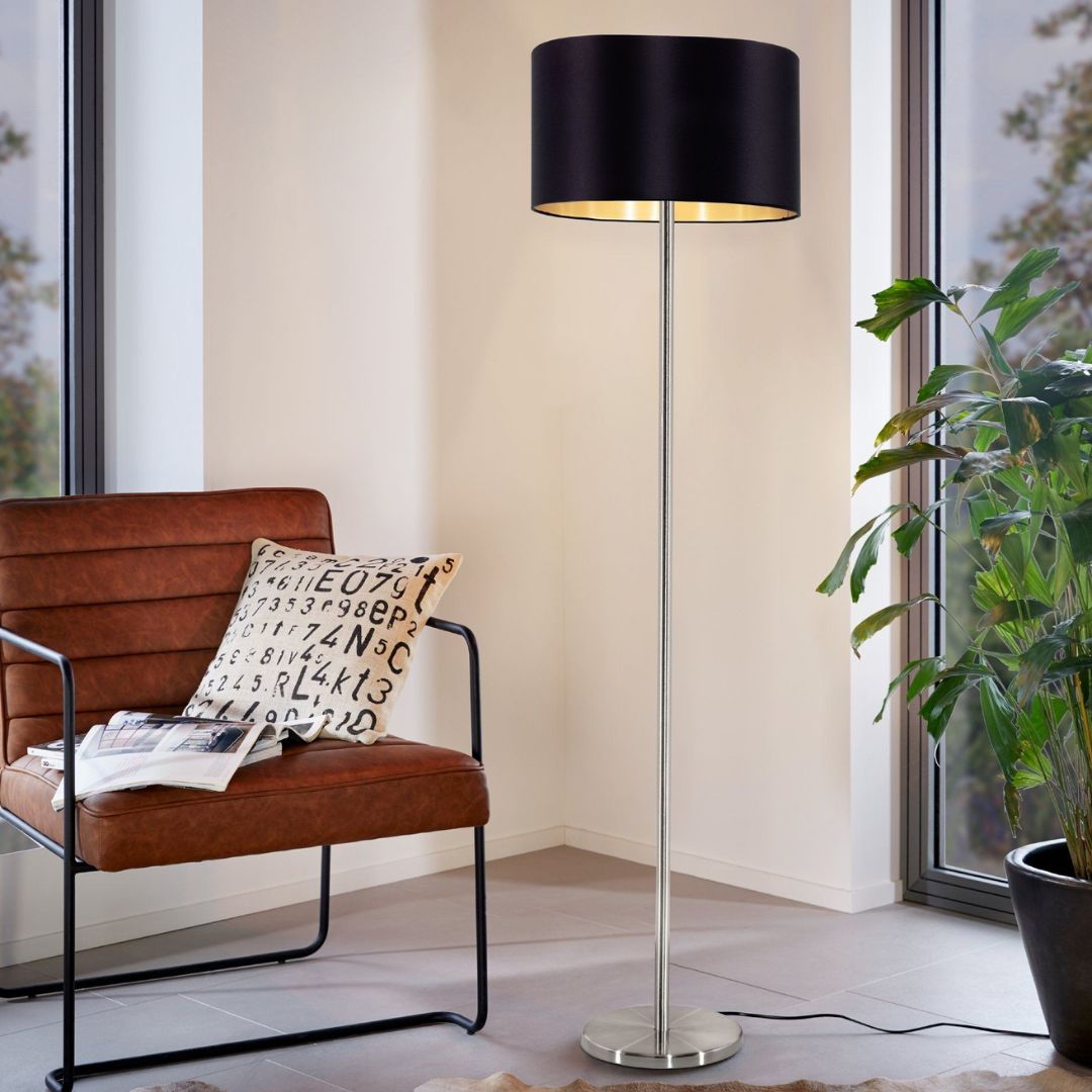 Maserlo Satin Nickel Floor Lamp with Black Shade