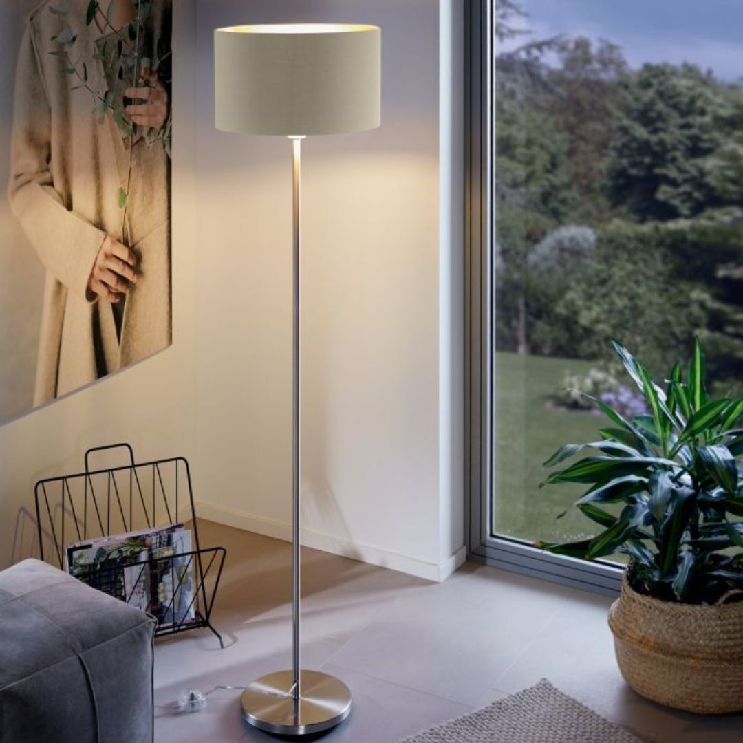 Maserlo Satin Nickel Floor Lamp with Taupe Shade
