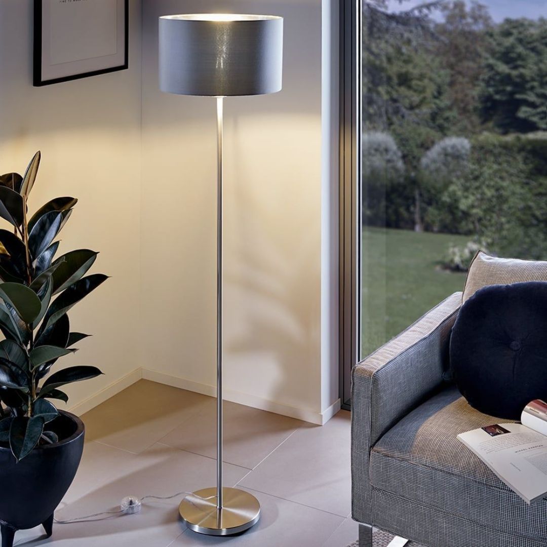 Maserlo Satin Nickel Floor Lamp with Silver Shade
