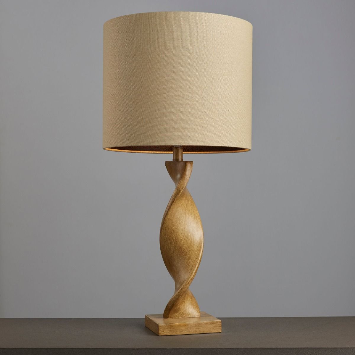 Abia Oak Effect & Natural Linen Table Lamp
