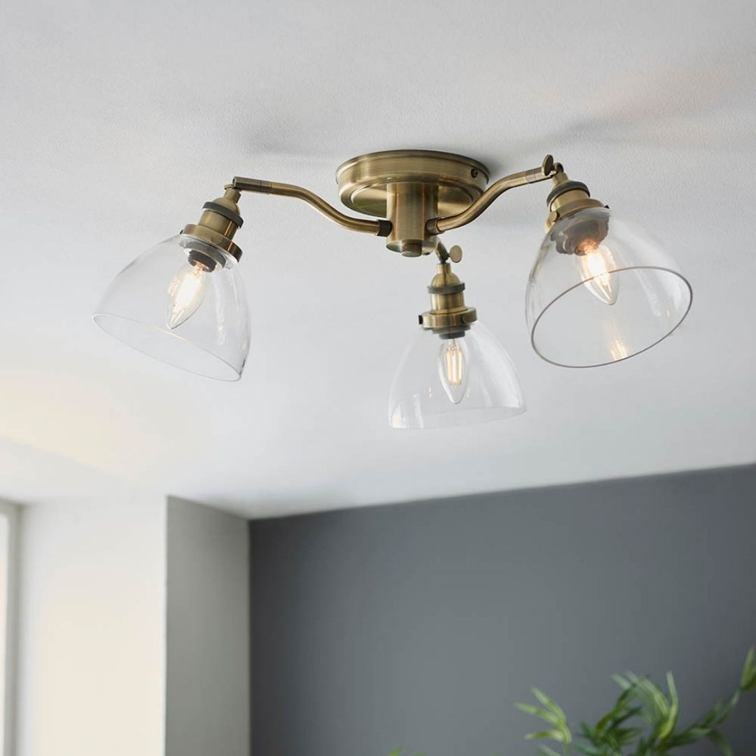 Hansen 3 Light Semi Flush Antique Brass Ceiling Light