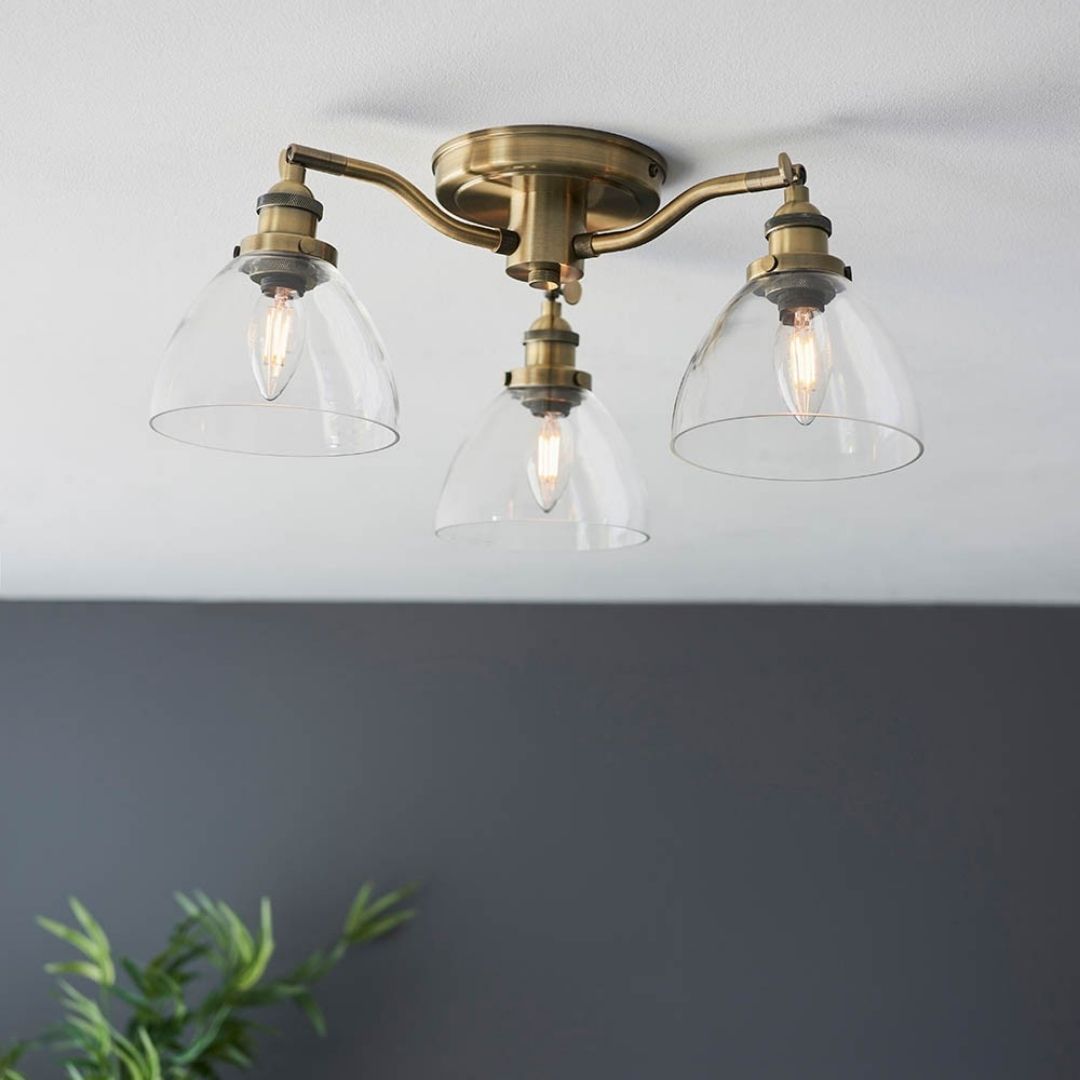 Hansen 3 Light Semi Flush Antique Brass Ceiling Light