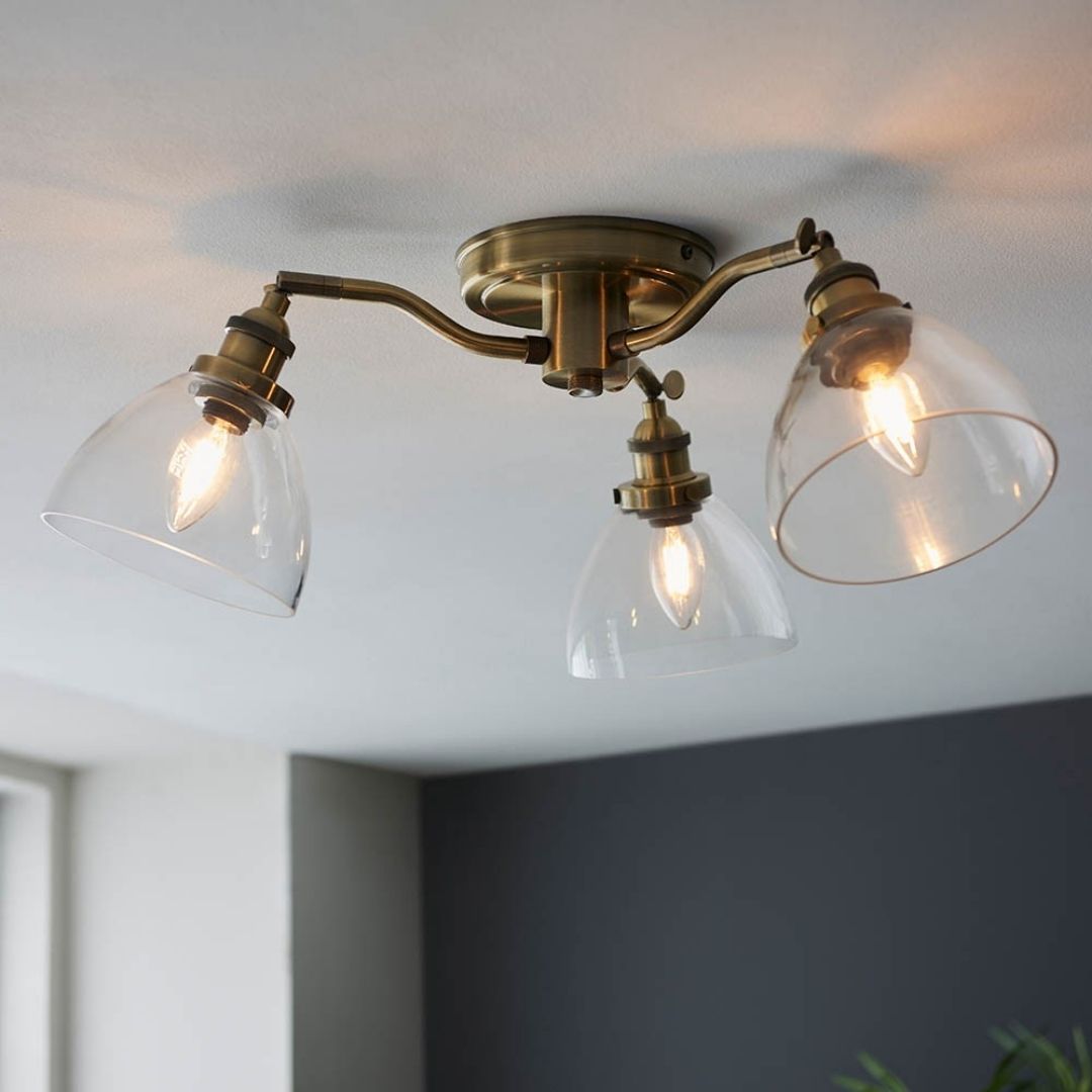 Hansen 3 Light Semi Flush Antique Brass Ceiling Light