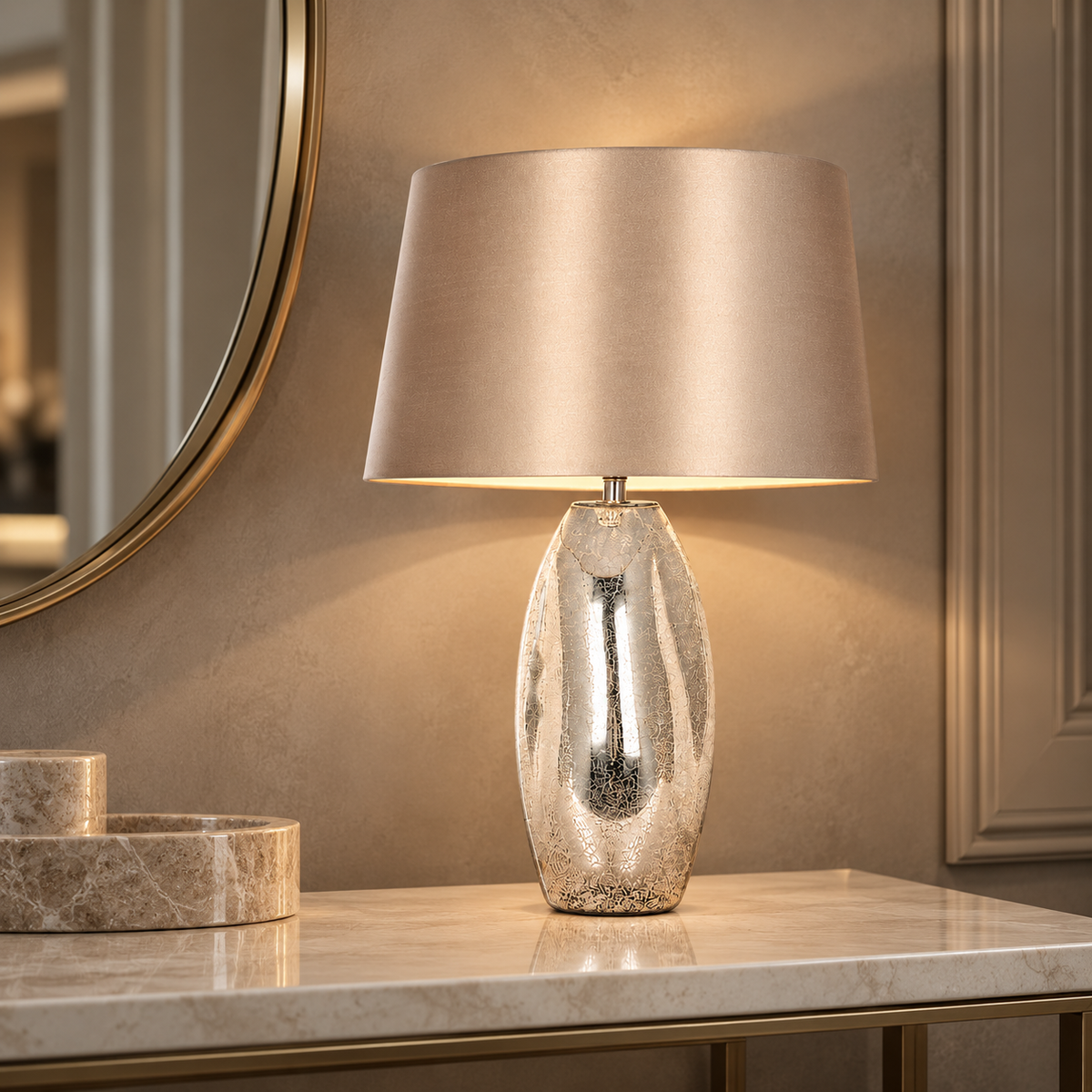 Josie Mercury Effect Glass Table Lamp with Taupe Shade