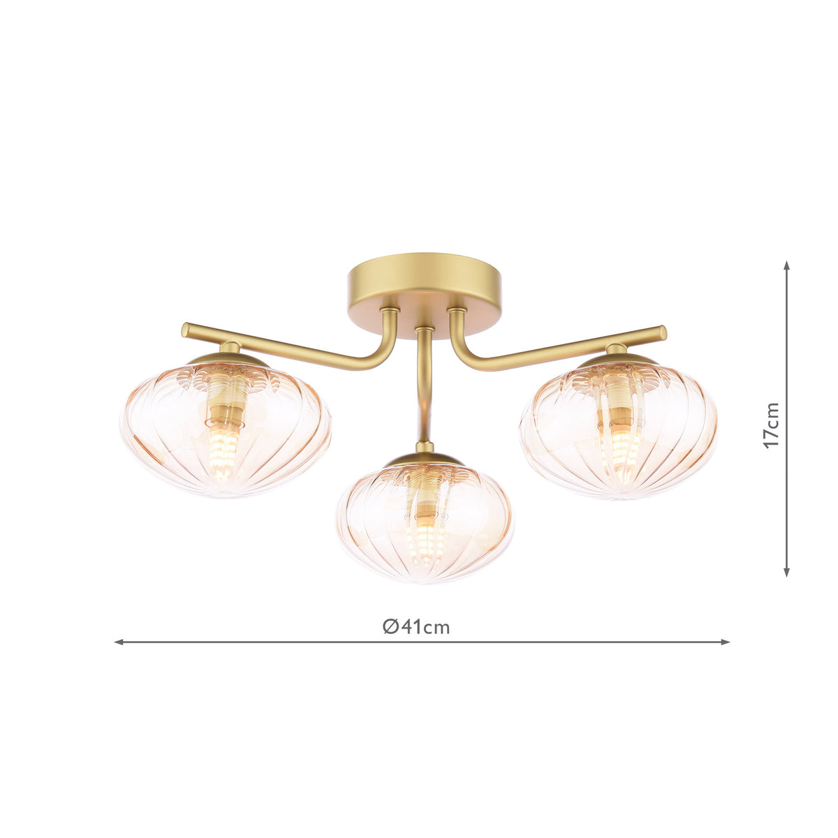 Ede 3 Light Satin Gold & Amber Glass Semi-Flush Ceiling Light