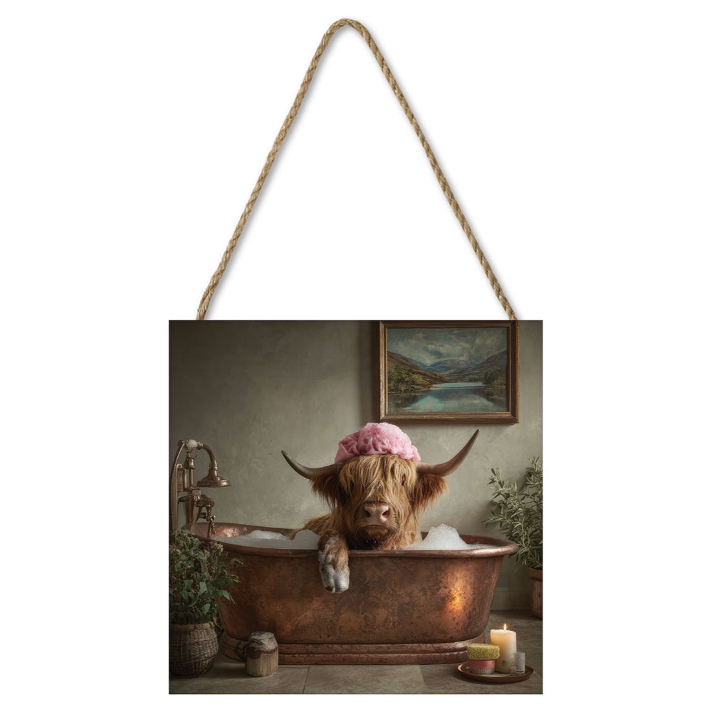 Highland Bathing Beauty 20x20 Wooden Block